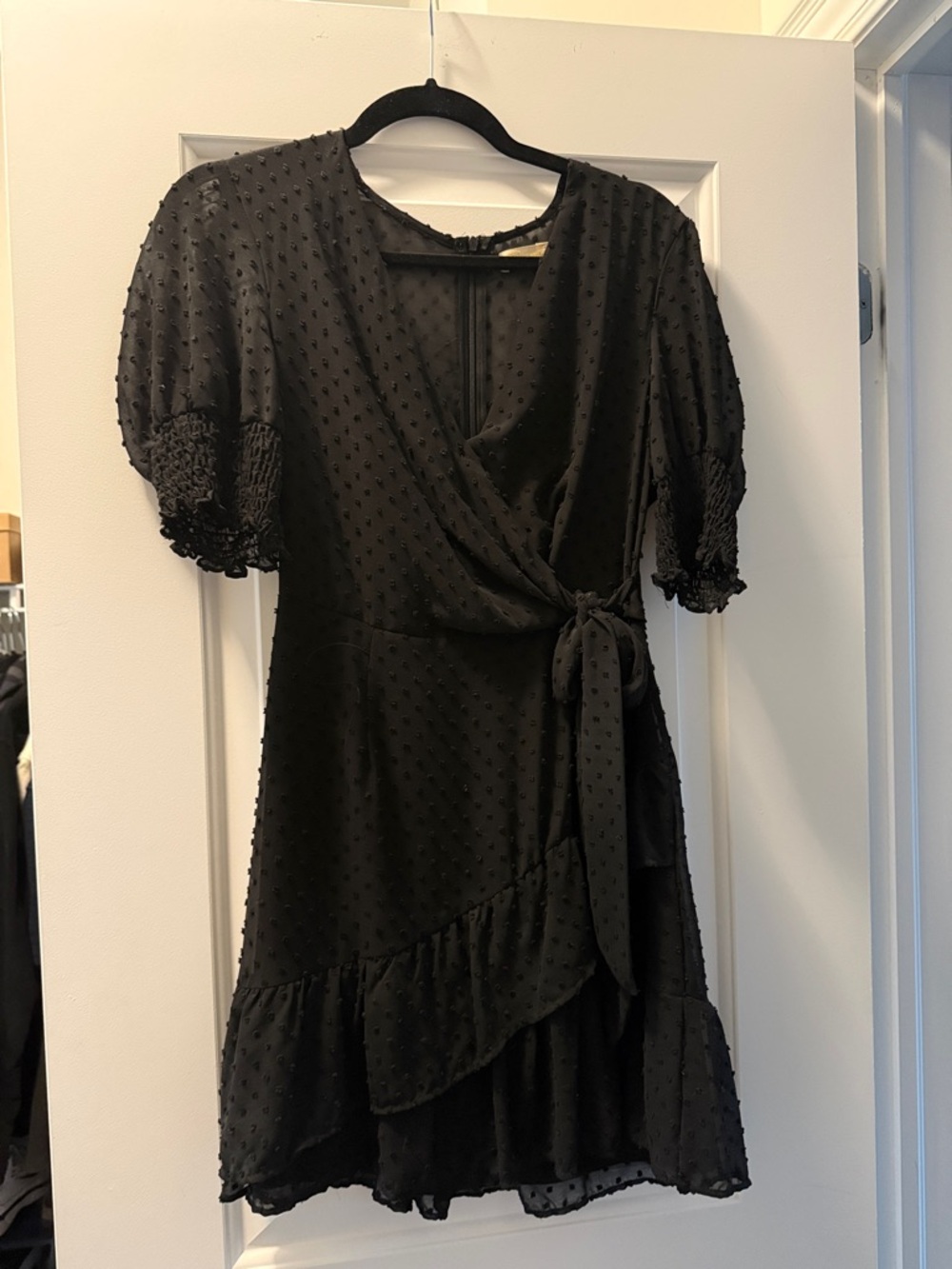 Women’s Black Swiss Dot Wrap Dress with Tie Waist